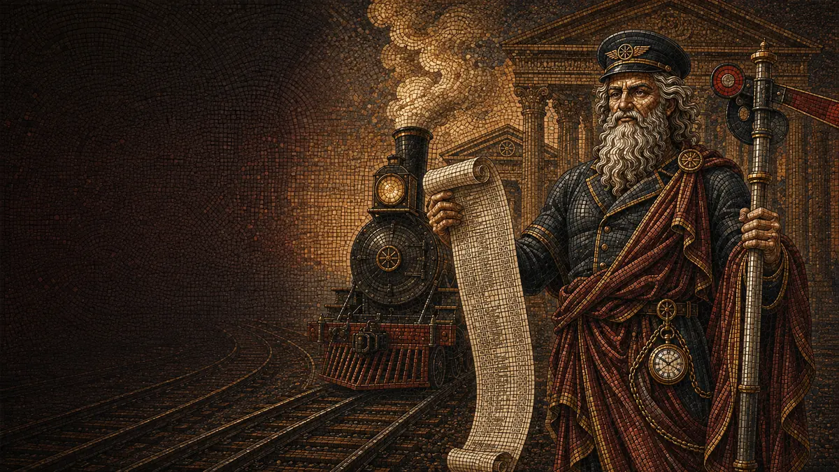 Kolejusz - rzymski dostojnik w czapce maszynisty, z zegarkiem kieszonkowym i semaforem, na tle parowozu