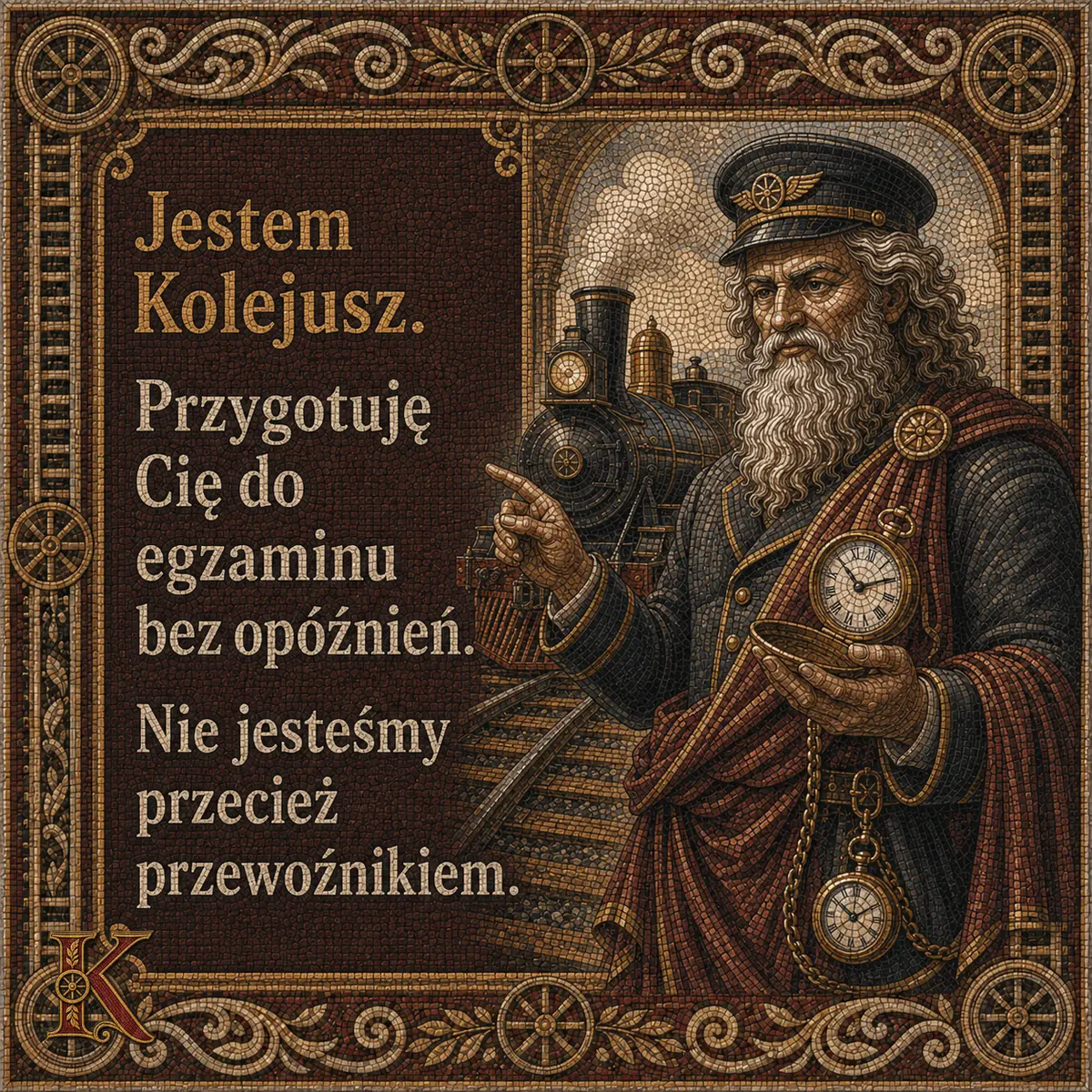 Kolejusz z zegarkiem kieszonkowym w dłoni wskazuje palcem przed siebie, za nim parowóz. Napis: Jestem Kolejusz. Przygotuję Cię do egzaminu bez opóźnień. Nie jesteśmy przecież przewoźnikiem.