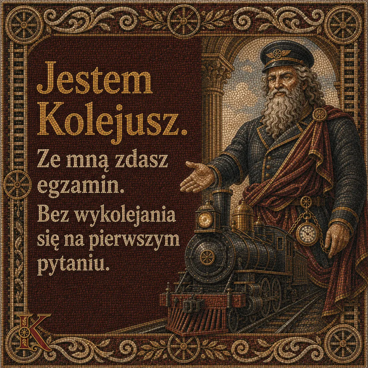 Kolejusz opiera dłoń na kotle parowozu i podaje rękę w geście zaproszenia. Napis: Jestem Kolejusz. Ze mną zdasz egzamin. Bez wykolejania się na pierwszym pytaniu.