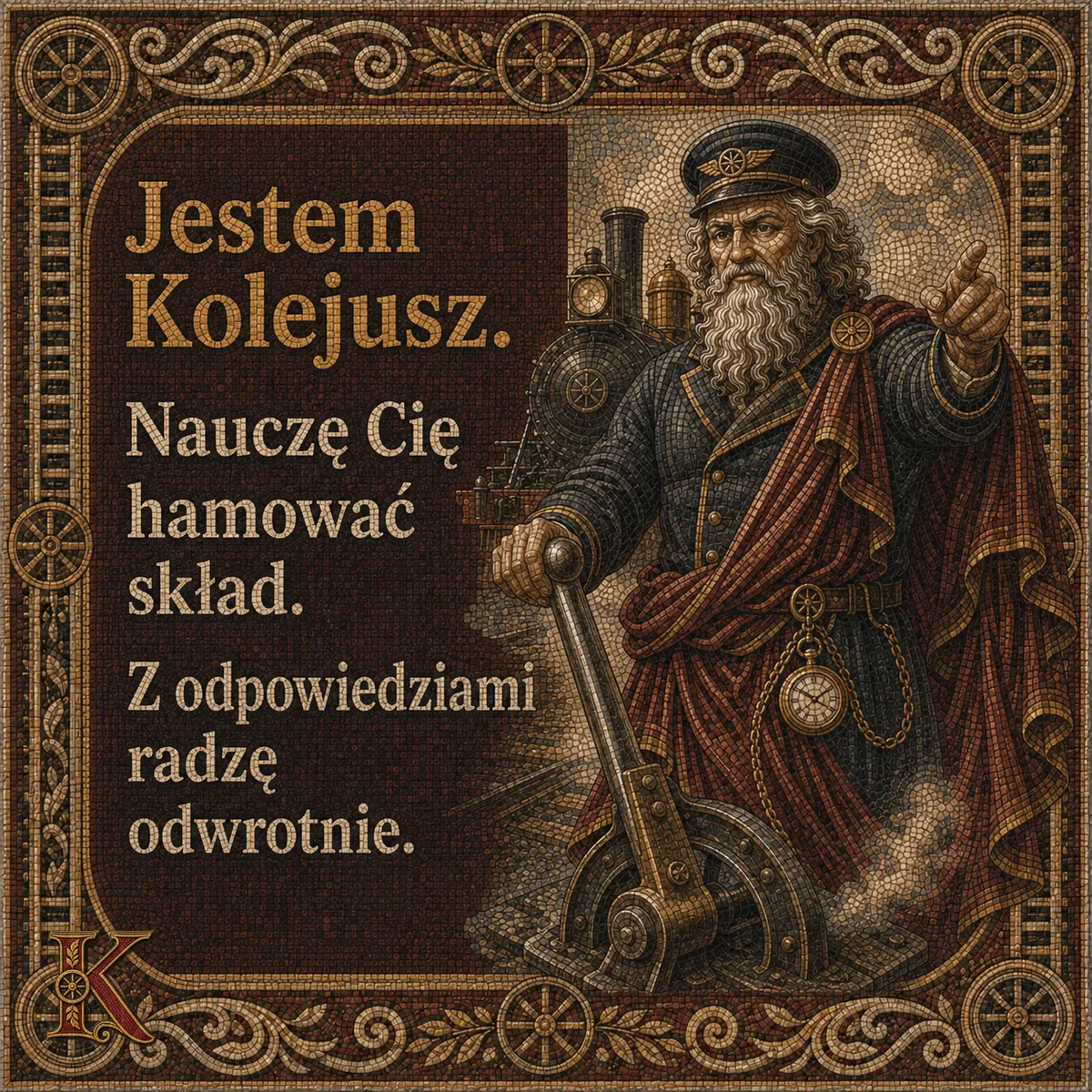 Kolejusz przy korbowodzie parowozu, z uniesionym palcem, jakby ostrzegał. Napis: Jestem Kolejusz. Nauczę Cię hamować skład. Z odpowiedziami radzę odwrotnie.