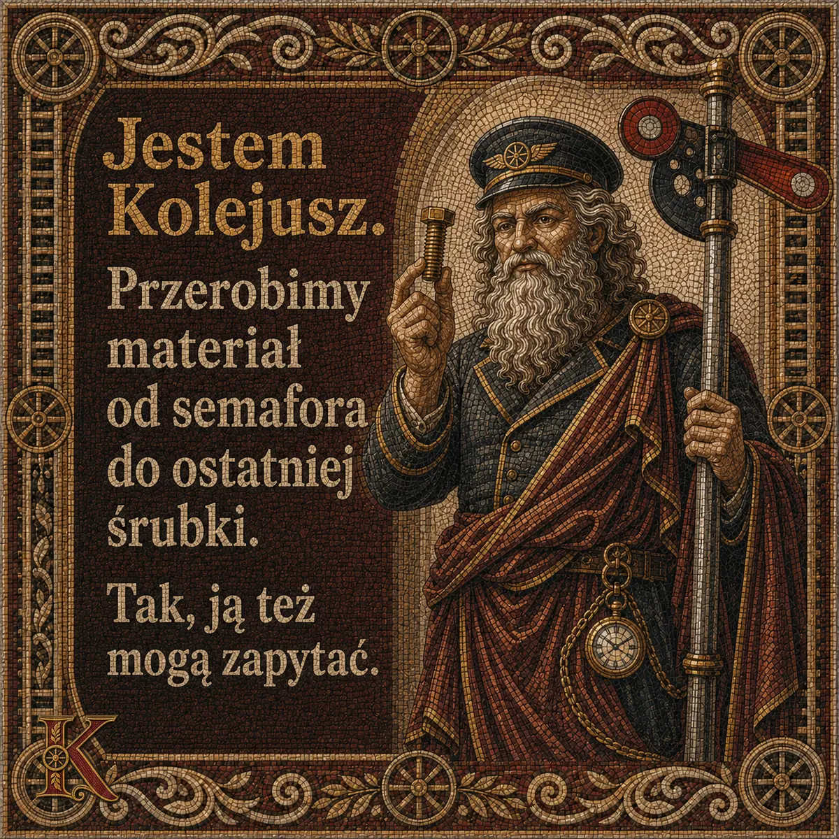 Kolejusz z dźwignią semafora kształtowego w dłoni, na tle łuku kolumnady. Napis: Jestem Kolejusz. Przerobimy materiał od semafora do ostatniej śrubki. Tak, ją też mogą zapytać.