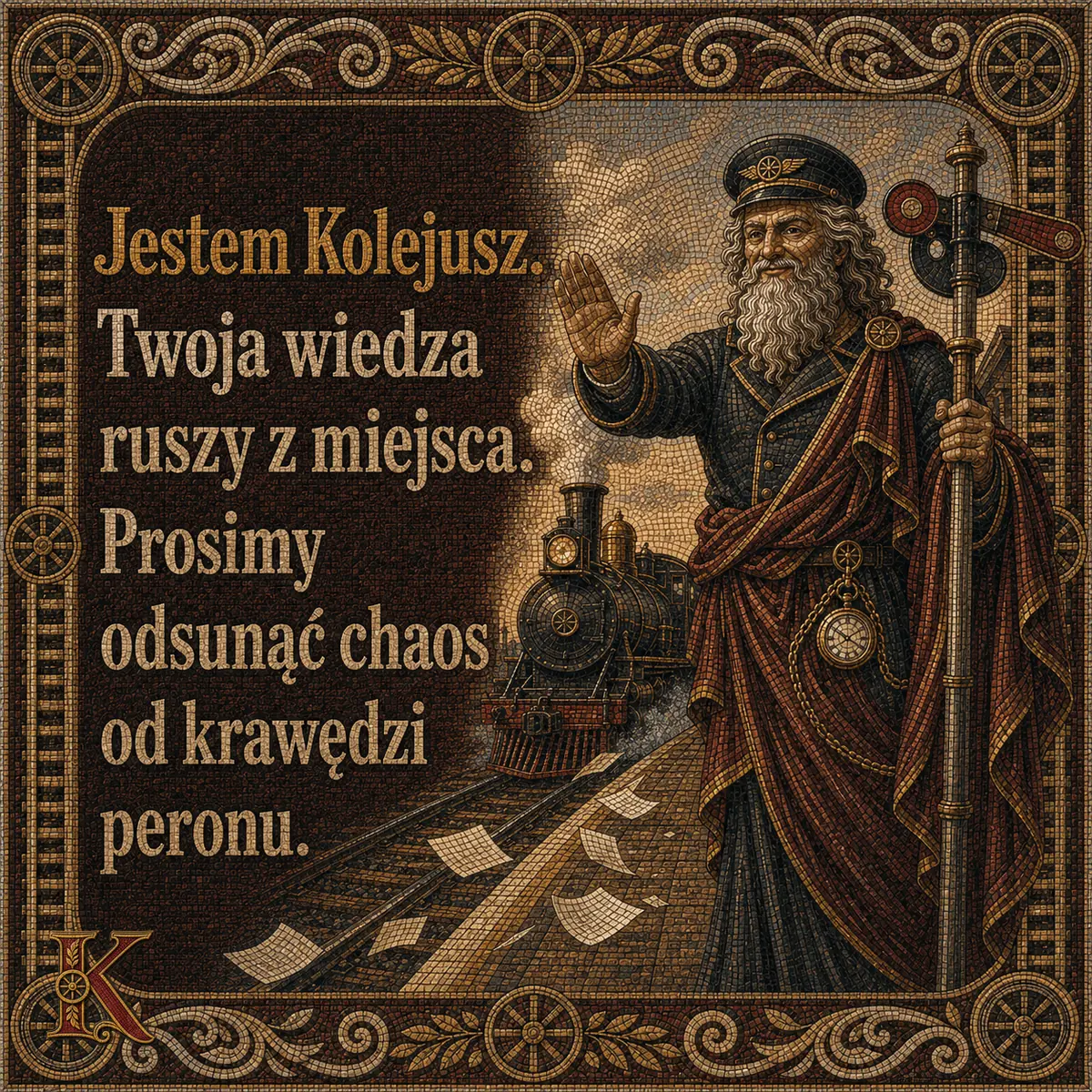 Kolejusz z uniesioną dłonią zatrzymuje ruch, przed nim rozsypane kartki na torach. Napis: Jestem Kolejusz. Twoja wiedza ruszy z miejsca. Prosimy odsunąć chaos od krawędzi peronu.
