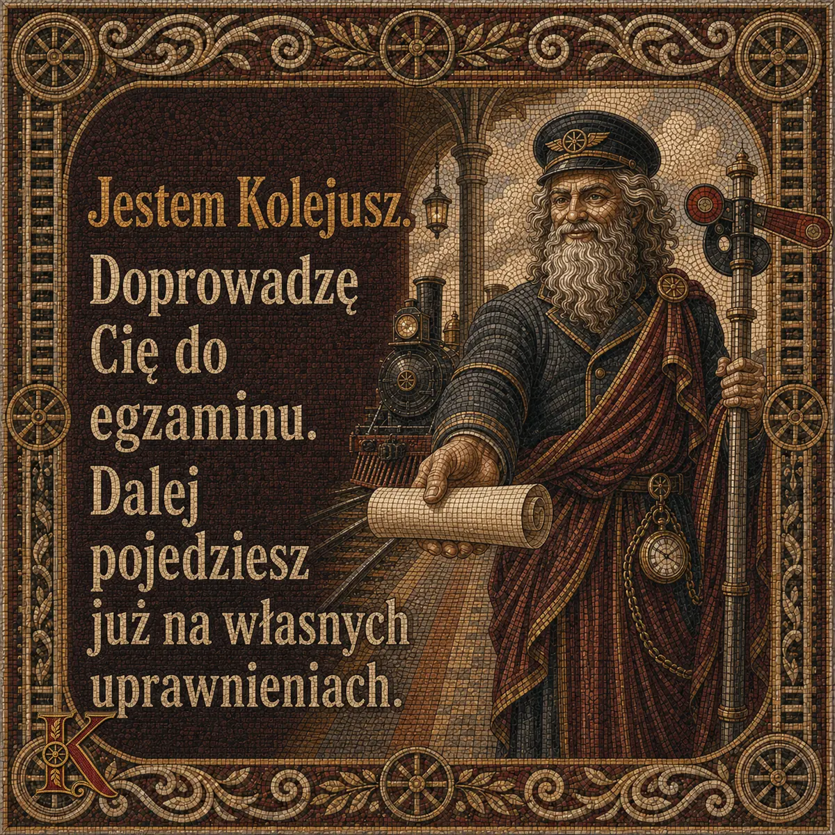 Kolejusz podaje zwinięty zwój, jakby wręczał dokument, za nim parowóz pod latarnią. Napis: Jestem Kolejusz. Doprowadzę Cię do egzaminu. Dalej pojedziesz już na własnych uprawnieniach.
