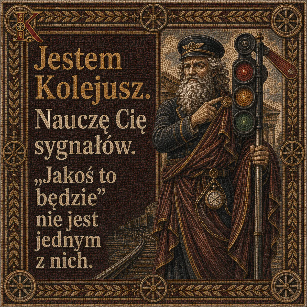 Kolejusz wskazuje palcem sygnalizator świetlny z trzema światłami. Napis: Jestem Kolejusz. Nauczę Cię sygnałów. „Jakoś to będzie" nie jest jednym z nich.