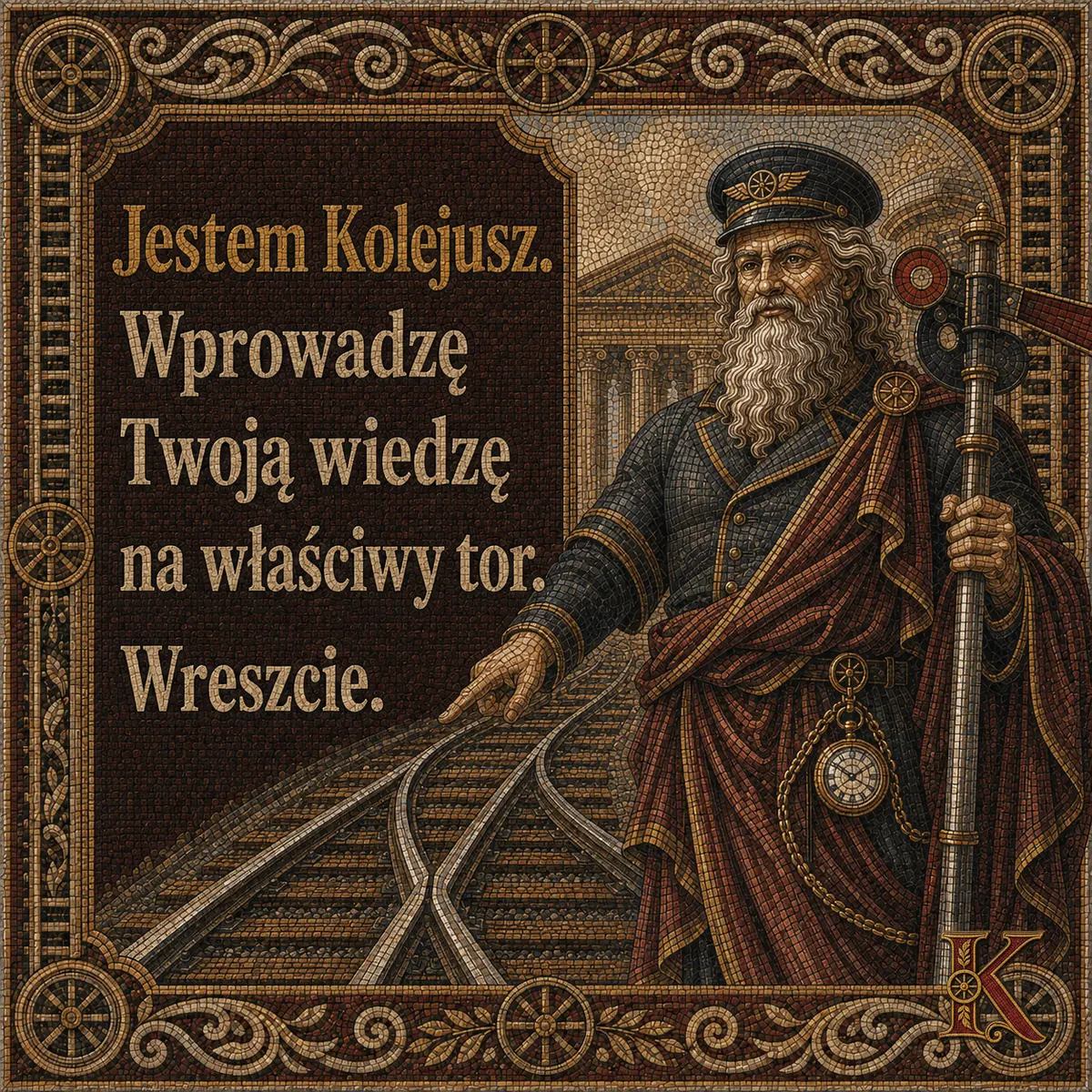 Kolejusz kładzie dłoń na zwrotnicy przy rozjeździe torowym, w tle portyk dworca. Napis: Jestem Kolejusz. Wprowadzę Twoją wiedzę na właściwy tor. Wreszcie.