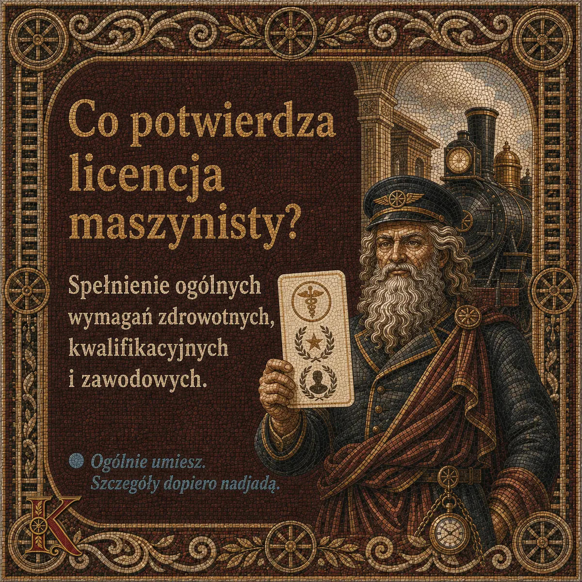 Kolejusz pokazuje kartę z symbolami medycznymi, w tle parowóz w hali. Napis: Co potwierdza licencja maszynisty? Spełnienie ogólnych wymagań zdrowotnych, kwalifikacyjnych i zawodowych.