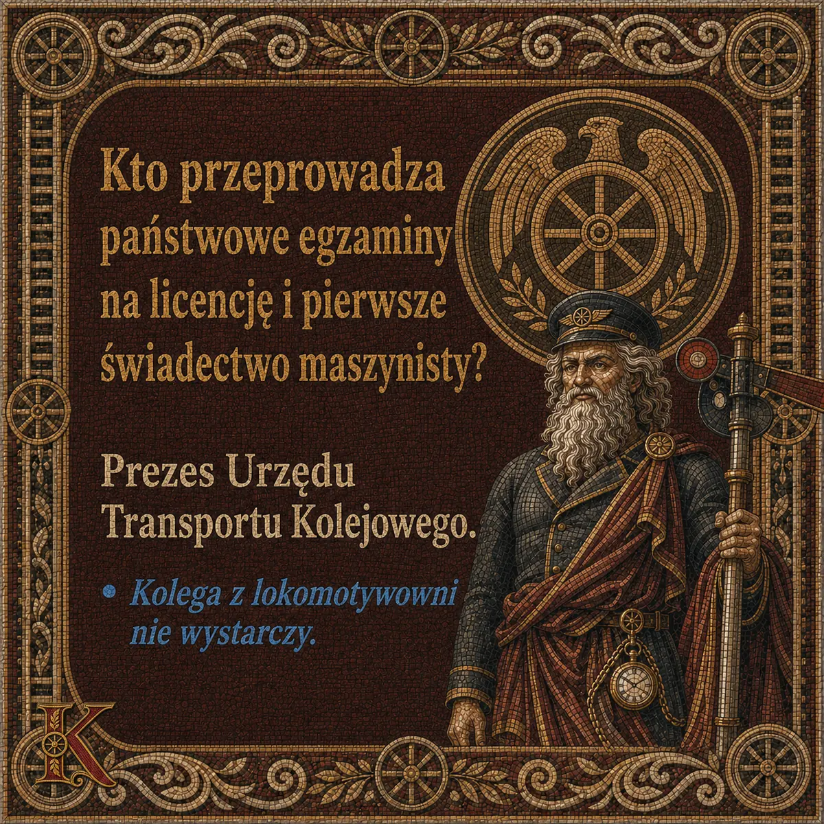 Kolejusz z dźwignią semafora na tle godła państwowego ułożonego z mozaiki. Napis: Kto przeprowadza państwowe egzaminy na licencję i pierwsze świadectwo maszynisty? Prezes Urzędu Transportu Kolejowego.