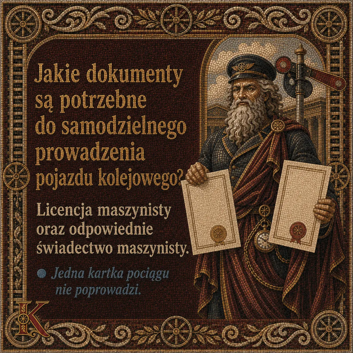 Kolejusz trzyma dwa dokumenty z pieczęciami, po jednym w każdej dłoni. Napis: Jakie dokumenty są potrzebne do samodzielnego prowadzenia pojazdu kolejowego? Licencja maszynisty oraz odpowiednie świadectwo maszynisty.