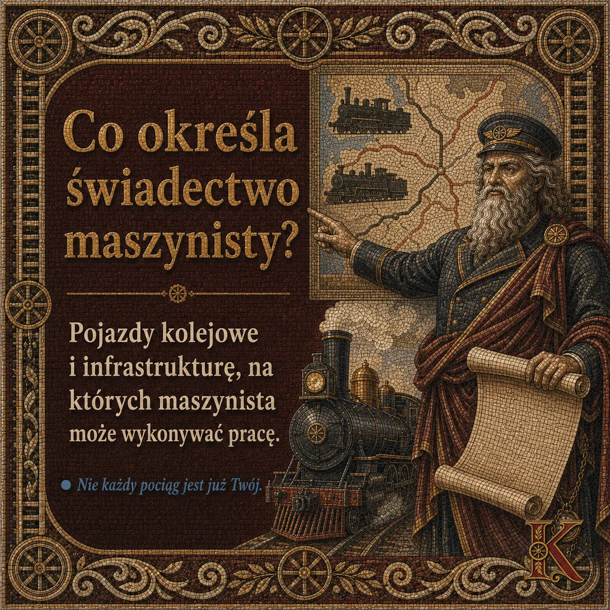 Kolejusz wskazuje mapę sieci kolejowej z symbolami pojazdów. Napis: Co określa świadectwo maszynisty? Pojazdy kolejowe i infrastrukturę, na których maszynista może wykonywać pracę.