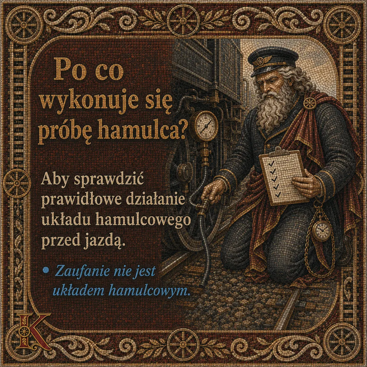 Kolejusz kuca przy przewodzie hamulcowym pojazdu z listą kontrolną w dłoni. Napis: Po co wykonuje się próbę hamulca? Aby sprawdzić prawidłowe działanie układu hamulcowego przed jazdą.