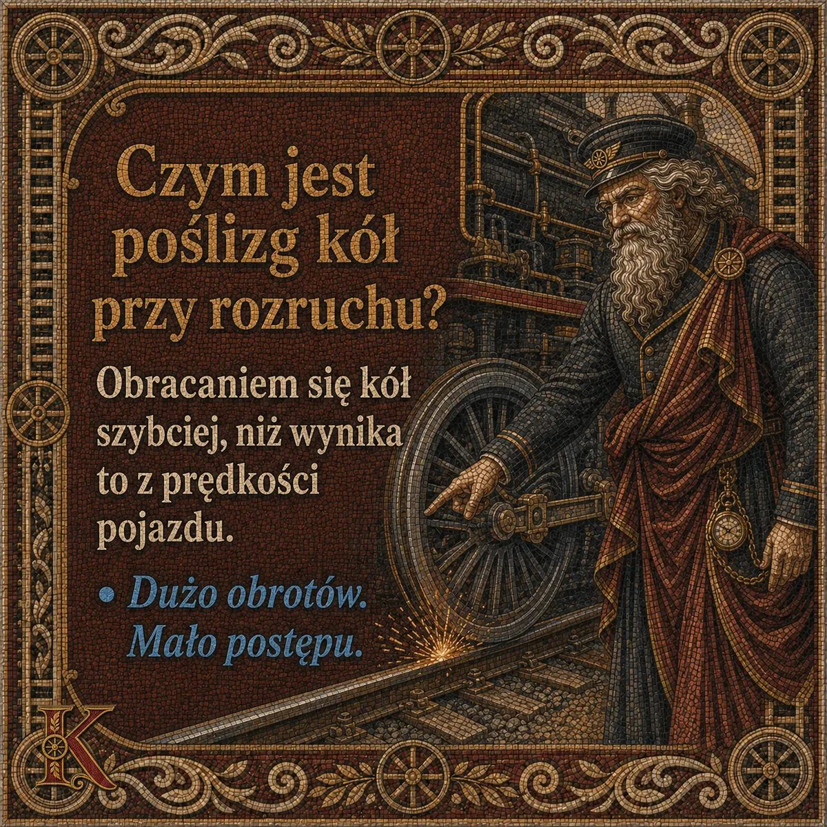 Kolejusz przy kole napędowym parowozu, spod koła sypią się iskry. Napis: Czym jest poślizg kół przy rozruchu? Obracaniem się kół szybciej, niż wynika to z prędkości pojazdu.