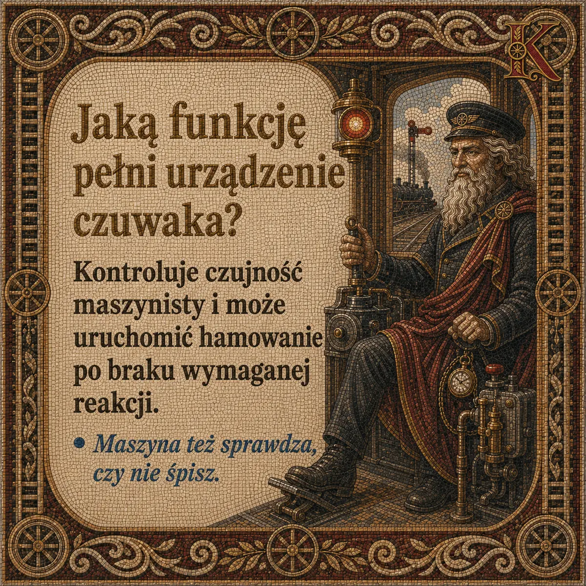 Kolejusz siedzi na stanowisku maszynisty przy urządzeniu czuwaka. Napis: Jaką funkcję pełni urządzenie czuwaka? Kontroluje czujność maszynisty i może uruchomić hamowanie po braku wymaganej reakcji.