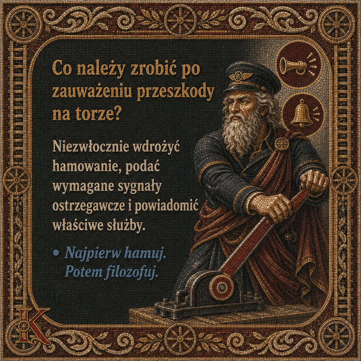 Kolejusz opiera się o dźwignię hamulca, obok symbole trąbki sygnałowej i dzwonu. Napis: Co należy zrobić po zauważeniu przeszkody na torze? Niezwłocznie wdrożyć hamowanie, podać wymagane sygnały ostrzegawcze i powiadomić właściwe służby.