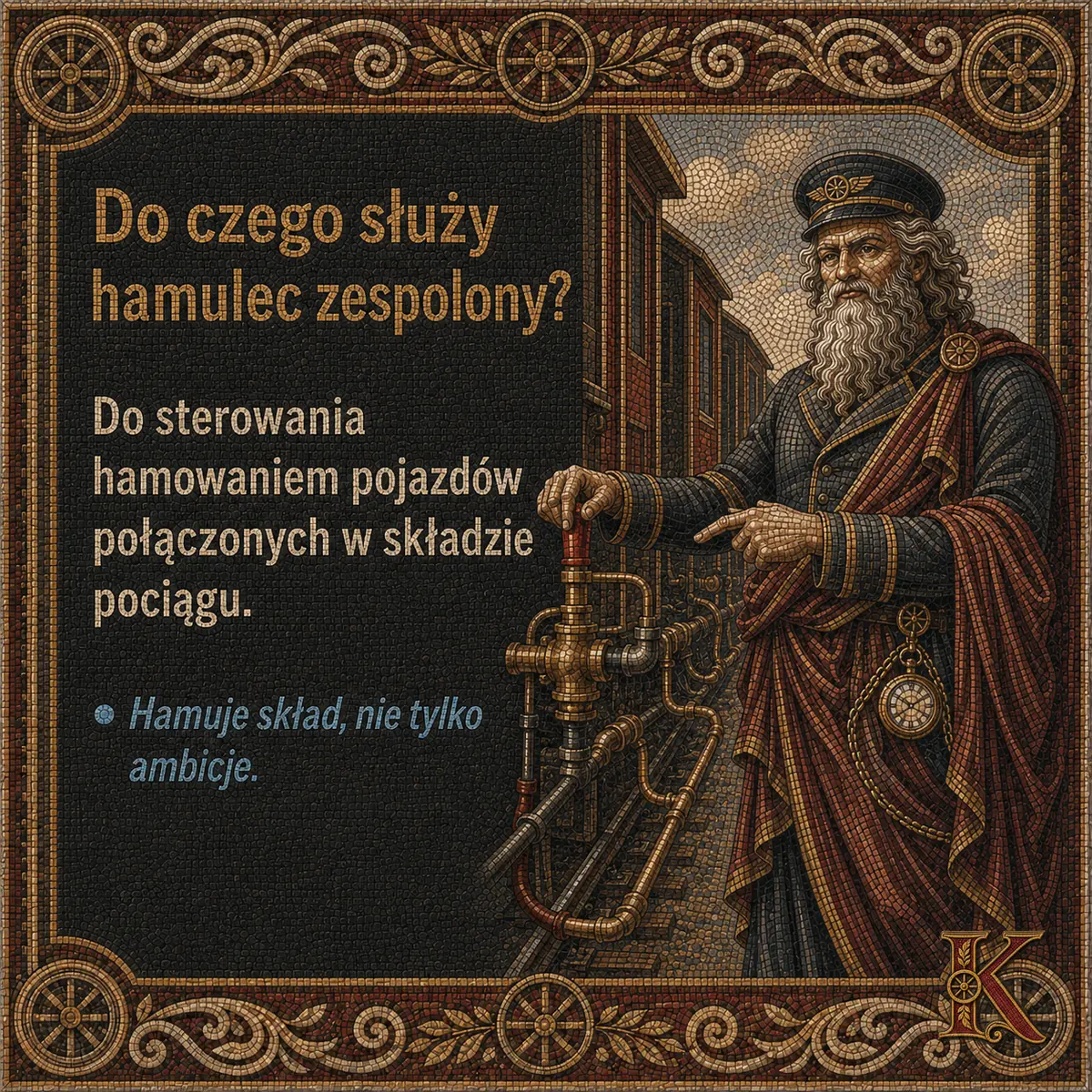 Kolejusz obsługuje kran maszynisty przy wagonach osobowych. Napis: Do czego służy hamulec zespolony? Do sterowania hamowaniem pojazdów połączonych w składzie pociągu.