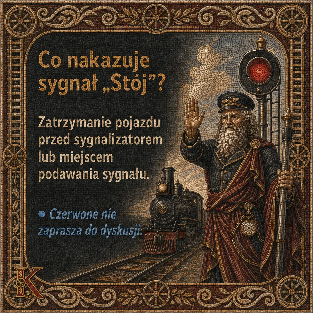 Kolejusz z uniesioną dłonią stoi przed sygnalizatorem z czerwonym światłem, za nim zatrzymany parowóz. Napis: Co nakazuje sygnał „Stój"? Zatrzymanie pojazdu przed sygnalizatorem lub miejscem podawania sygnału.