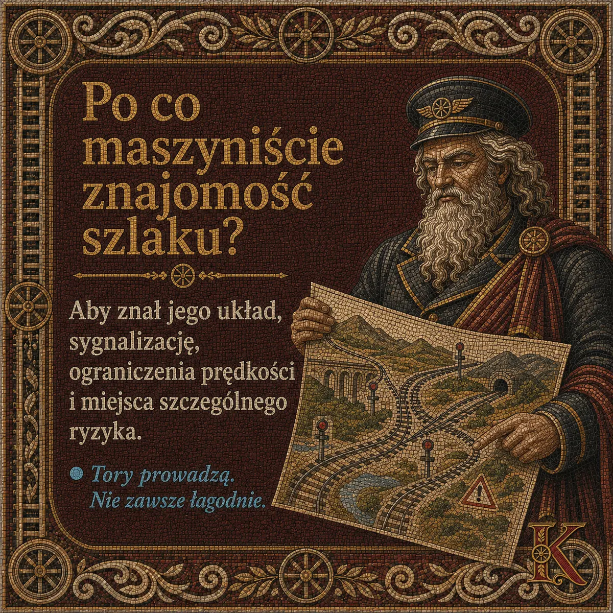 Kolejusz rozkłada mapę szlaku kolejowego z zaznaczonym wiaduktem i znakiem ostrzegawczym. Napis: Po co maszyniście znajomość szlaku? Aby znał jego układ, sygnalizację, ograniczenia prędkości i miejsca szczególnego ryzyka.