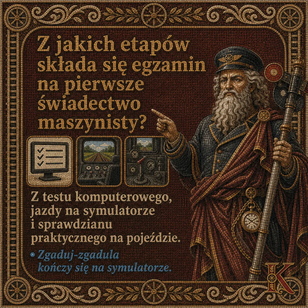 Kolejusz wskazuje trzy ikony: ekran komputera, widok z kabiny i pulpit symulatora. Napis: Z jakich etapów składa się egzamin na pierwsze świadectwo maszynisty? Z testu komputerowego, jazdy na symulatorze i sprawdzianu praktycznego na pojeździe.
