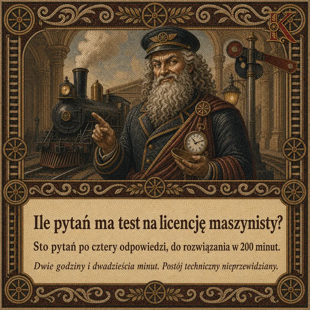 Kolejusz z zegarkiem kieszonkowym wskazuje palcem parowóz stojący pod halą dworca. Napis: Ile pytań ma test na licencję maszynisty? Sto pytań po cztery odpowiedzi, do rozwiązania w 200 minut.