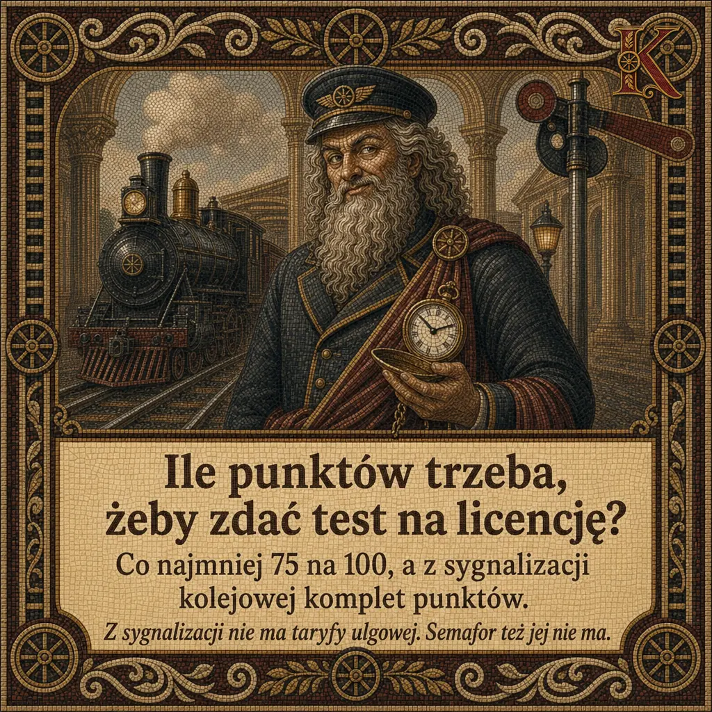 Kolejusz z zegarkiem w dłoni na tle parowozu i semafora kształtowego. Napis: Ile punktów trzeba, żeby zdać test na licencję? Co najmniej 75 na 100, a z sygnalizacji kolejowej komplet punktów.