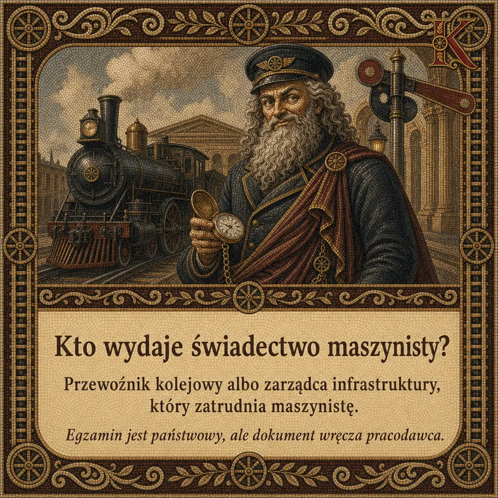 Kolejusz z otwartym zegarkiem kieszonkowym przy parowozie na peronie dworca. Napis: Kto wydaje świadectwo maszynisty? Przewoźnik kolejowy albo zarządca infrastruktury, który zatrudnia maszynistę.