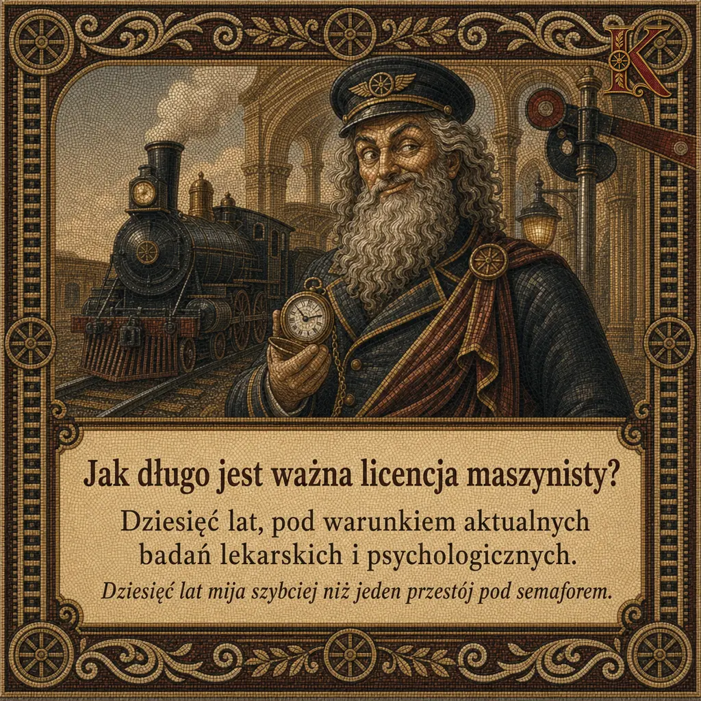 Kolejusz trzyma zegarek kieszonkowy przed sobą, w tle parowóz i sygnalizator. Napis: Jak długo jest ważna licencja maszynisty? Dziesięć lat, pod warunkiem aktualnych badań lekarskich i psychologicznych.